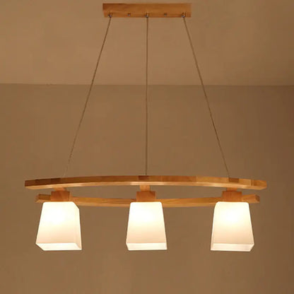 Decorbites™ ivory glass trapezoid dining room pendant light with three frosted shades minimalist suspension pendant in wood