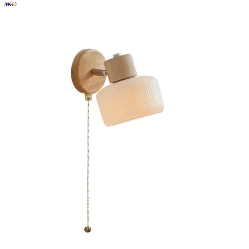 Minimalist wood and white ceramic led wall light with frosted glass shade and brass pull chain for decorbites led wall use