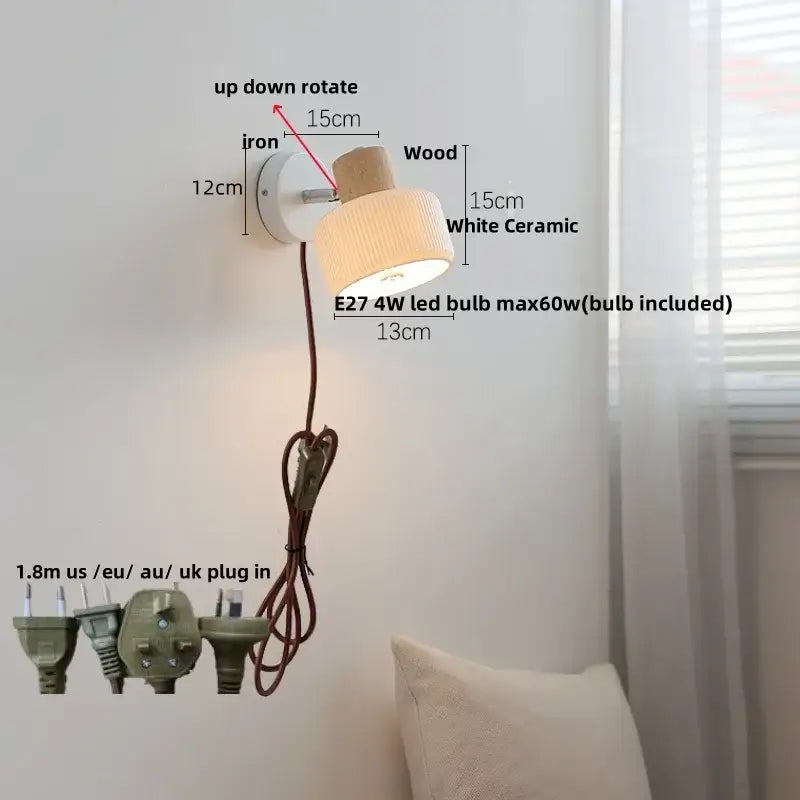 White ceramic led wall sconce with wooden top and iron mount featuring adjustable up-down rotate for decorbites led wall use
