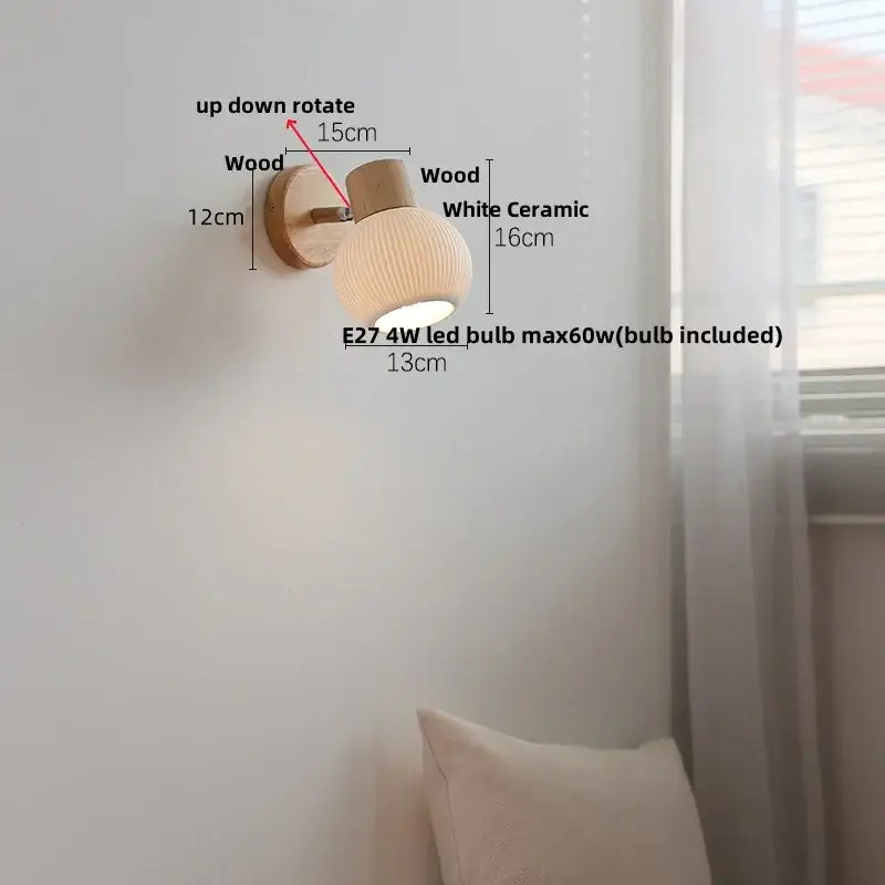 A warm-toned wooden led wall sconce with a ribbed white ceramic shade for minimalist decorbites led wall lighting