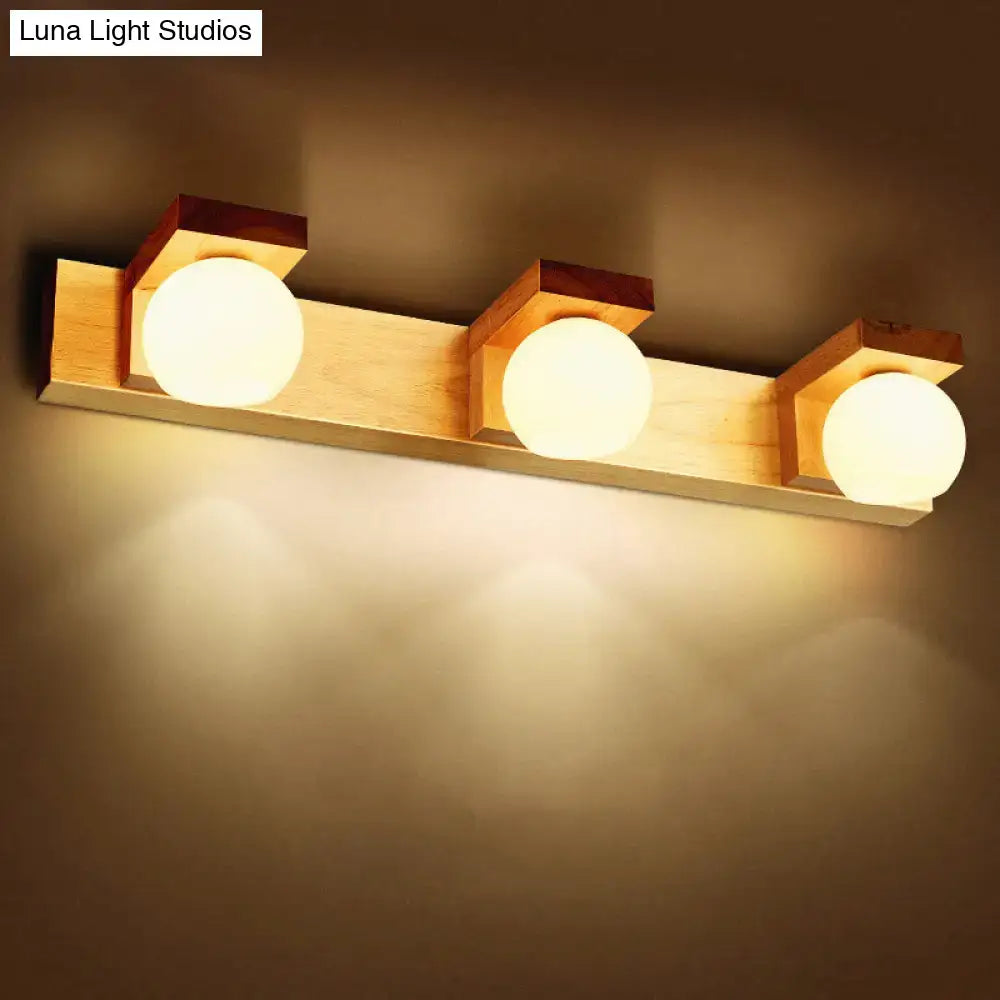 Warm-toned wooden 2 light vanity sconce with white glass frosted bulbs compatible with led incandescent fluorescent 220v-240v
