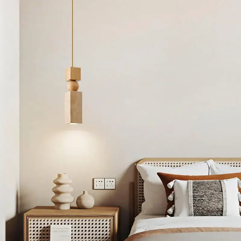Minimalist wood and yellow travertine led pendant light with stacked geometric wooden blocks and soft warm glow for dining room decorbites led yellow