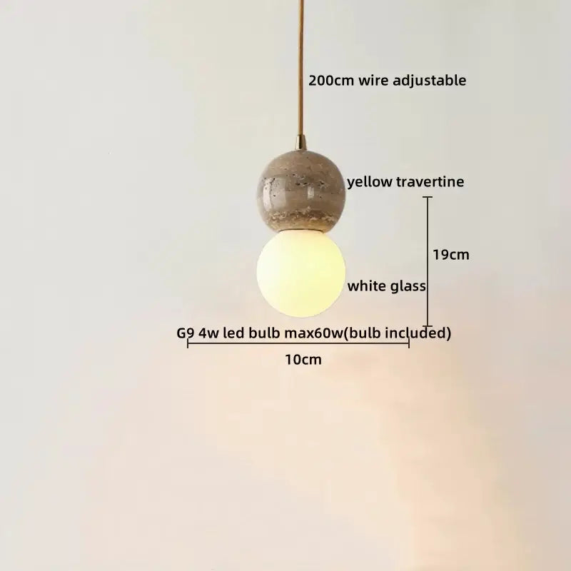 A minimalist wood and yellow travertine led yellow travertine pendant light with textured sphere and white globe for dining room decorbites