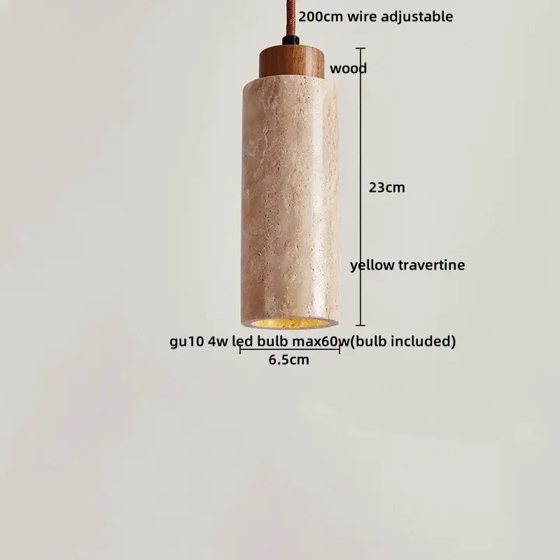 Cylindrical minimalist wood and yellow travertine led pendant light with integrated gu10 bulb for dining room decorbites led yellow