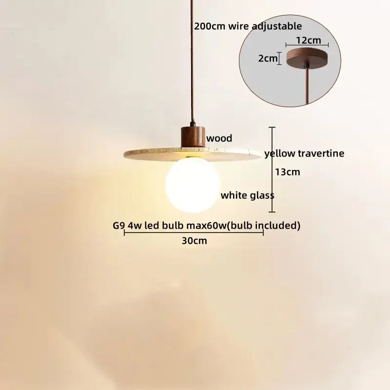 Minimalist wood and led yellow travertine pendant light with circular yellow travertine shade and white glass globe bulb