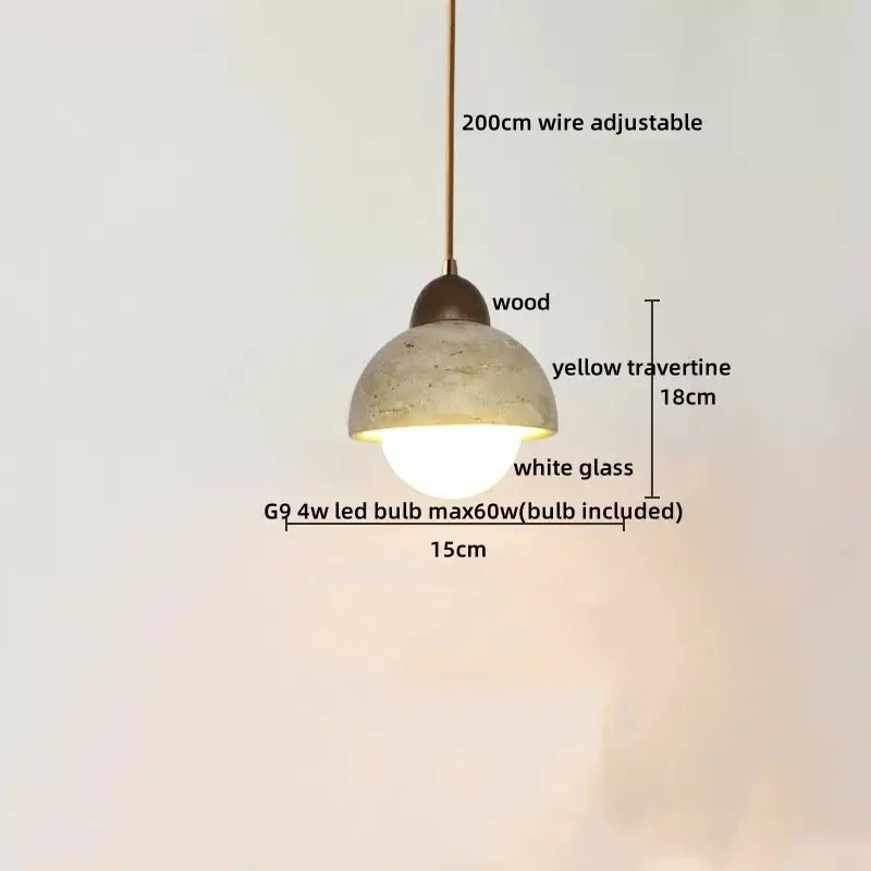 Minimalist wood and yellow travertine led pendant light with dome-shaped shade for dining room decorbites led yellow