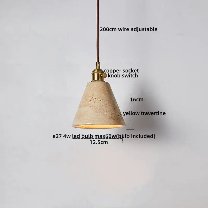 Minimalist cone-shaped led yellow travertine pendant light with textured shade and brass copper knob for dining room decorbites led yellow