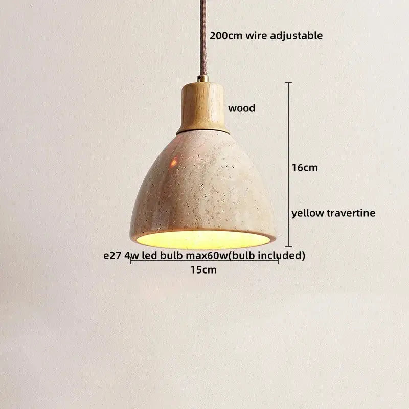 Minimalist wood and yellow travertine led pendant light with natural wood top and adjustable 200cm wire for dining room decorbites led yellow