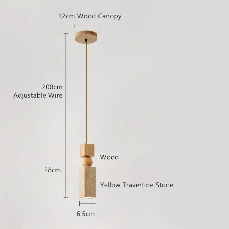Minimalist wood and yellow travertine led pendant light with natural wood canopy and brass wire for dining room decorbites led yellow