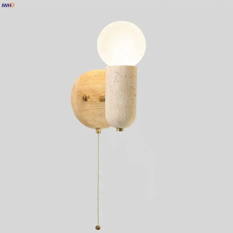 Minimalist wood and yellow travertine led wall sconce with warm wooden backplate and off-white ceramic stem for bedroom decorbites led wall