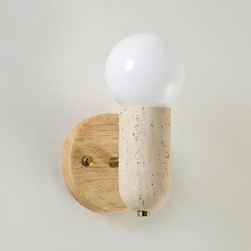 Minimalist wood and yellow travertine led wall sconce with speckled beige terrazzo body and frosted glass bulb for bedroom light