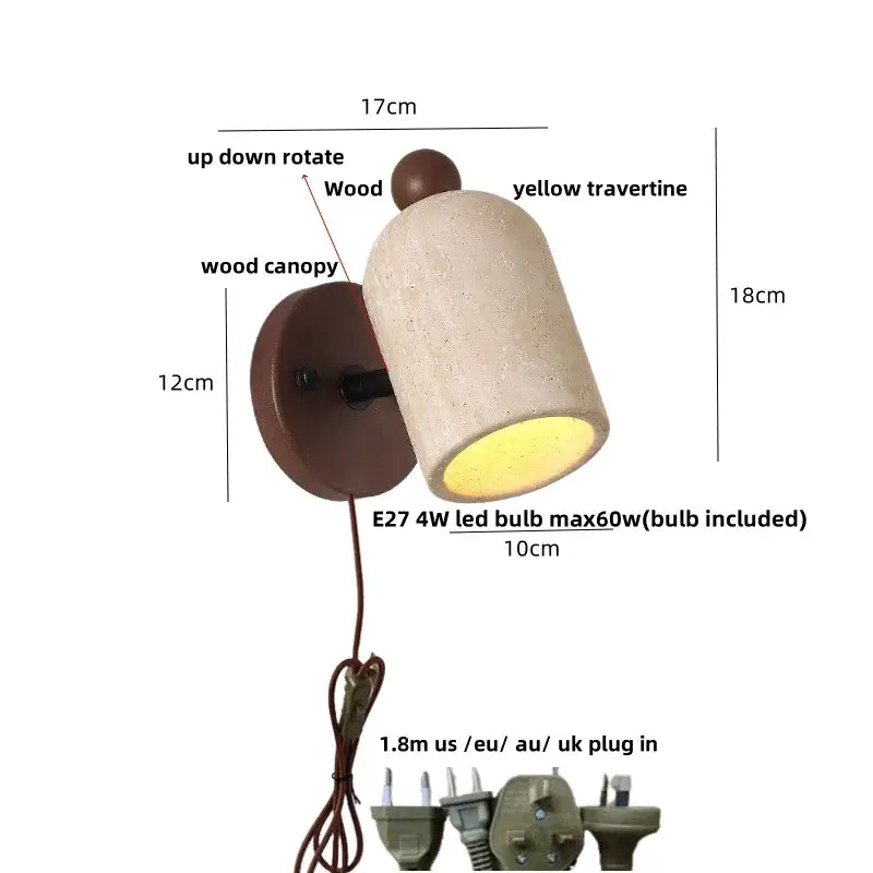 Rustic minimalist wood and yellow travertine led wall sconce with up-down rotating design for bedroom decorbites led wall lighting