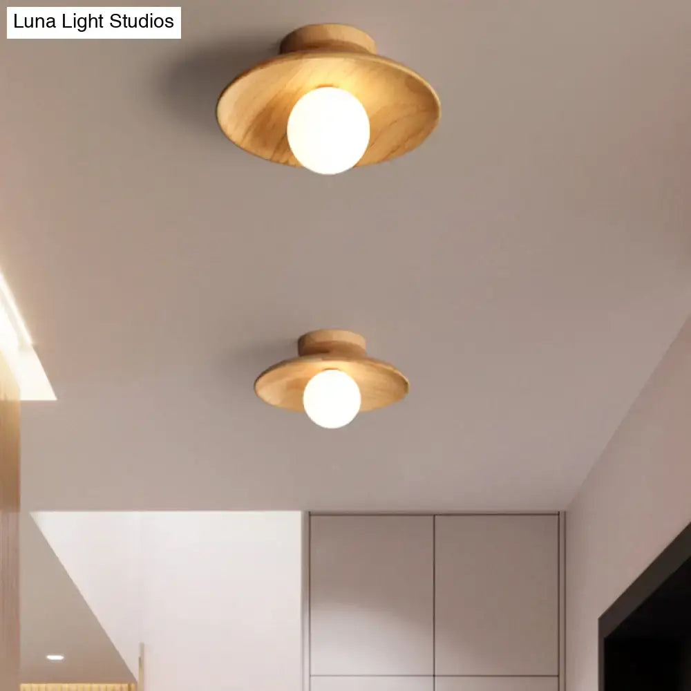 Two decorbites sleek wooden semi flush mount ceiling lights with warm natural finish and frosted glass bulbs canopy width