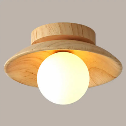 Decorbites™ sleek wooden ceiling light with warm wood finish and frosted glass globe semi-flush mount canopy width
