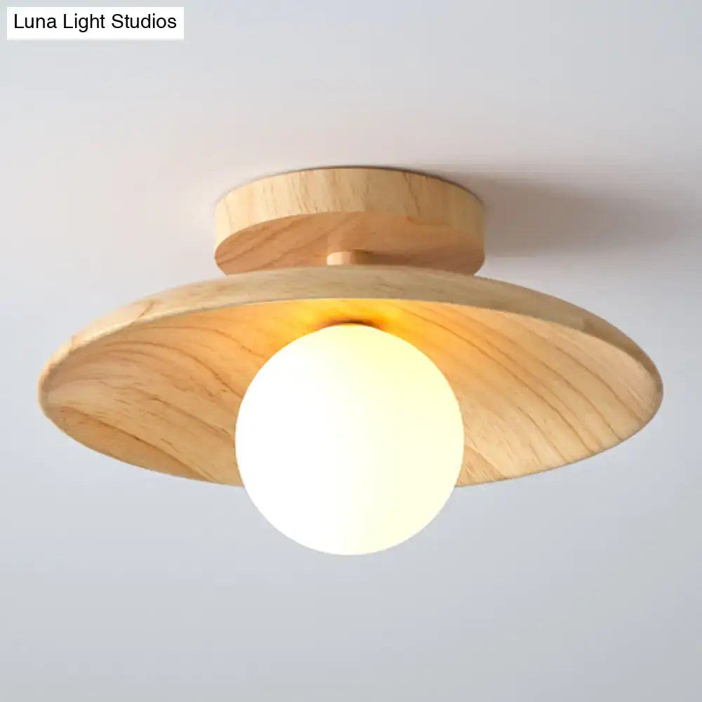 DecorBites™ sleek wooden ceiling light with natural wood disc semi-flush mount and opaque white globe canopy width