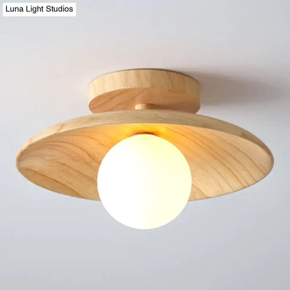 DecorBites™ sleek wooden ceiling light with natural wood disc semi-flush mount and opaque white globe canopy width