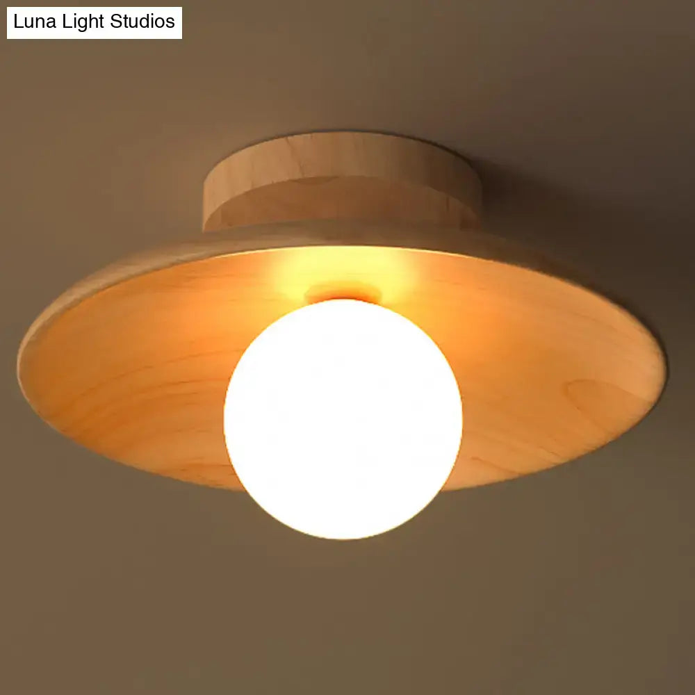 Decorbites™ sleek wooden ceiling light mini semi flush mount with natural wood grain and warm glowing spherical bulb