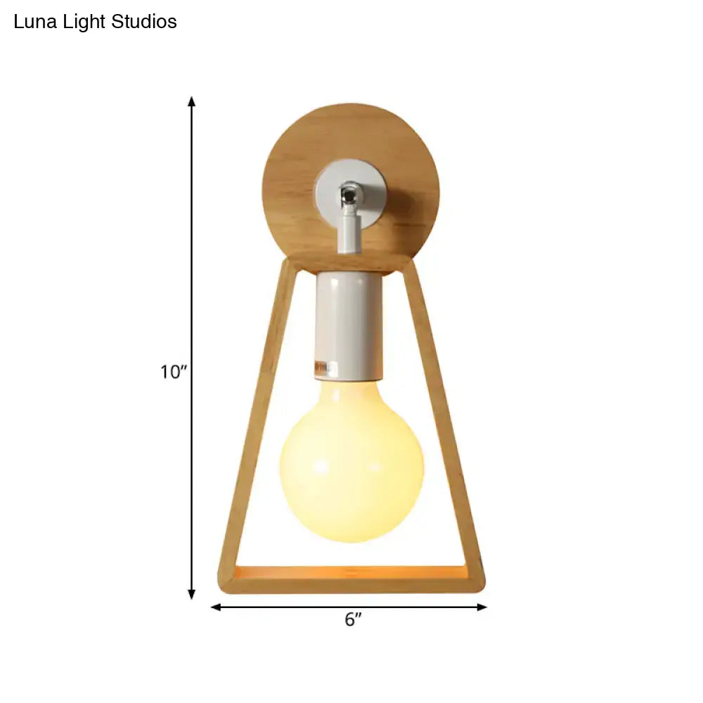 Minimalist wooden wall lamp with trapezoid frame and white cylindrical fixture for bedroom sconce lighting