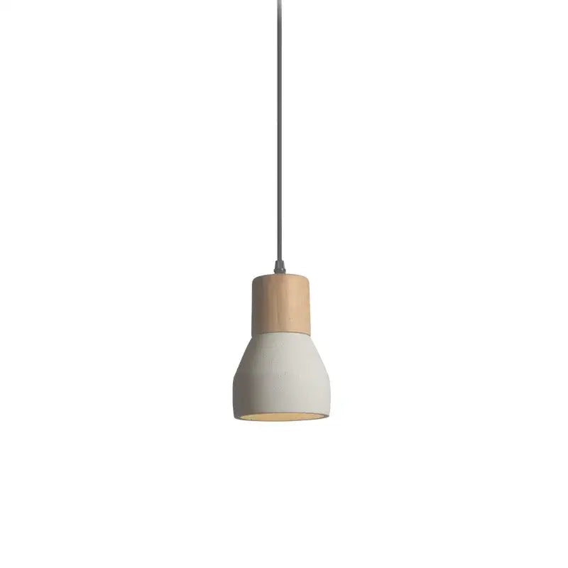 Minimalist pendant lamp with matte off-white cement concrete shade and natural wood top for bedroom decorbites cement concrete