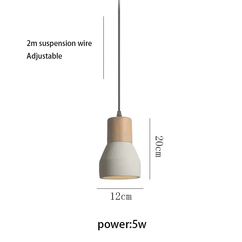 Minimalist pendant lamp with matte concrete body, wooden top cap, and adjustable suspension wire for bedroom decorbites cement concrete bedside use