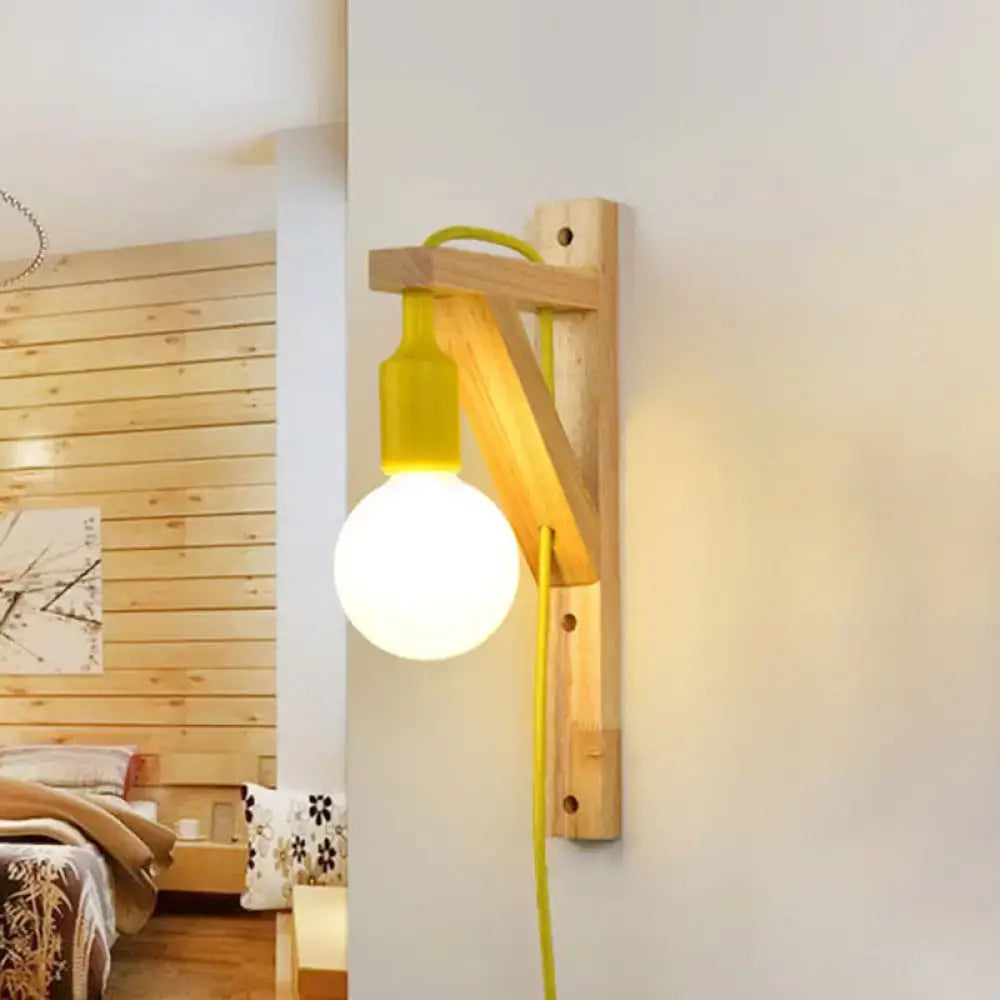 Minimalist wooden wall sconce with bright yellow cord and e26 e27 medium base for bedroom lighting
