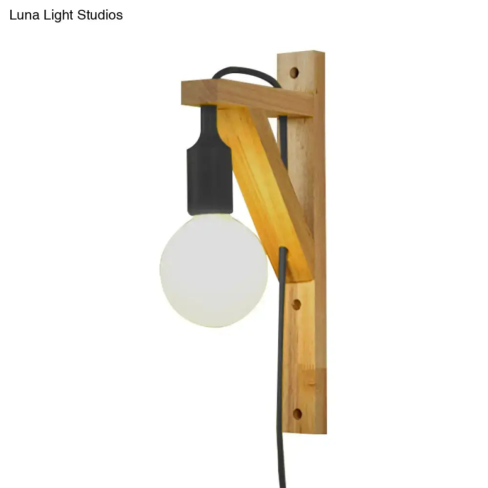 Minimalist wooden wall sconce with natural wood frame black accents and exposed bulb medium base wall lamp for bedroom