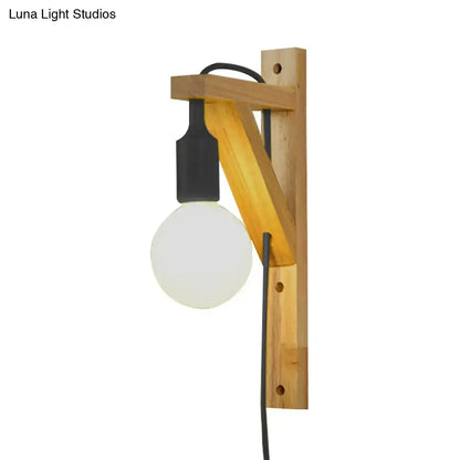 Minimalist wooden wall sconce with natural wood frame black accents and exposed bulb medium base wall lamp for bedroom
