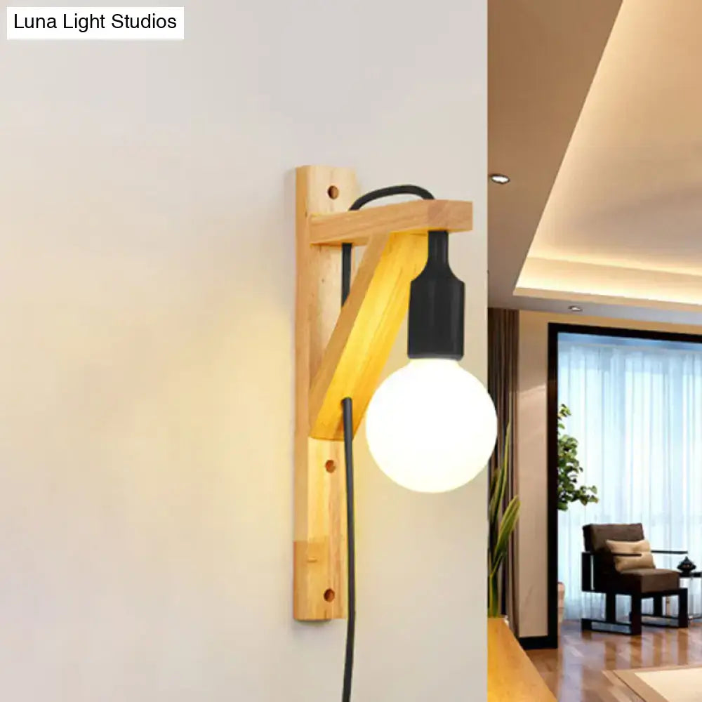Minimalist wooden wall sconce with black cord, exposed bulb, and medium base e26 e27 for bedroom wall lamp