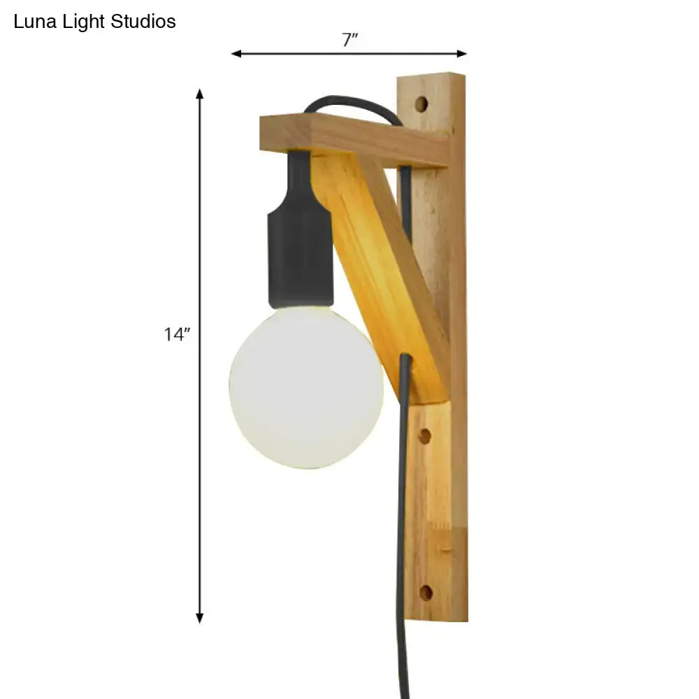 Minimalist wooden wall sconce with off-white bulb and black cord medium base wall lamp for bedroom use