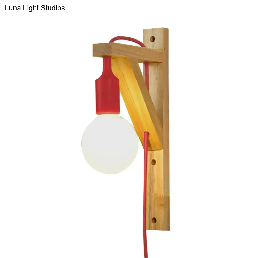 Minimalist wooden wall sconce with natural wood frame red cord and exposed glass bulb with medium base e26 e27 for bedroom