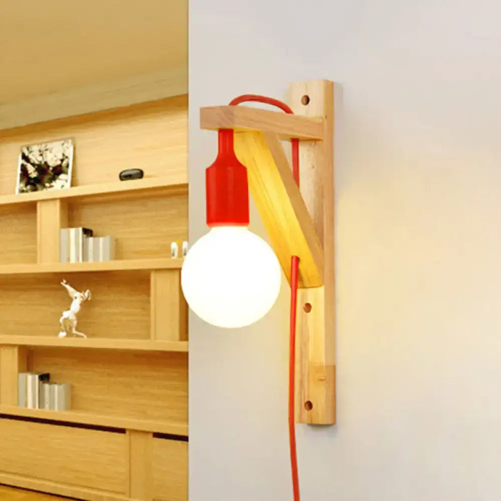 Red and natural wood minimalist wall sconce with visible Edison bulb and medium base e26 e27 for bedroom lamp