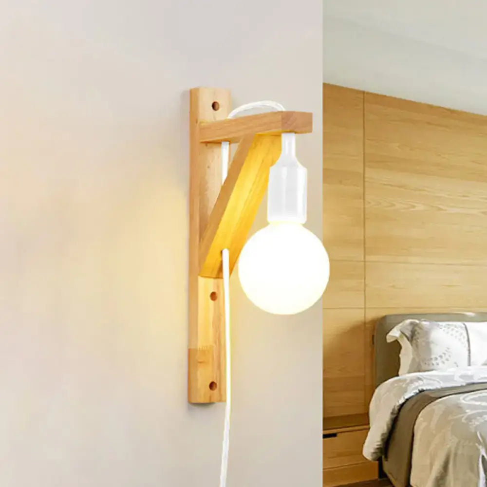 Minimalist wooden wall sconce with medium base clear bulb and warm glow natural wood wall lamp for bedroom