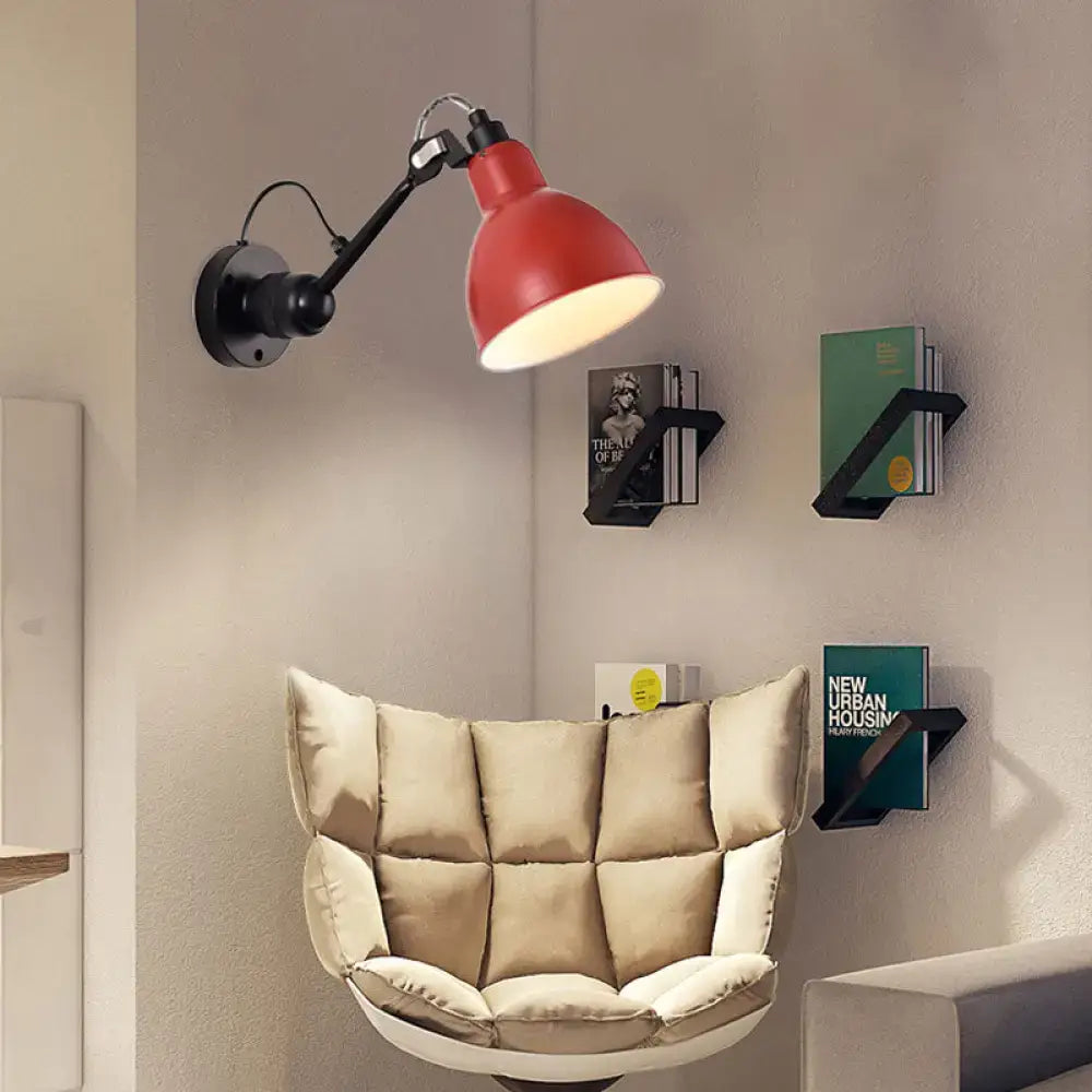 Red industrial wall mounted lamp with black articulated arm and base for living room wall lamp lighting