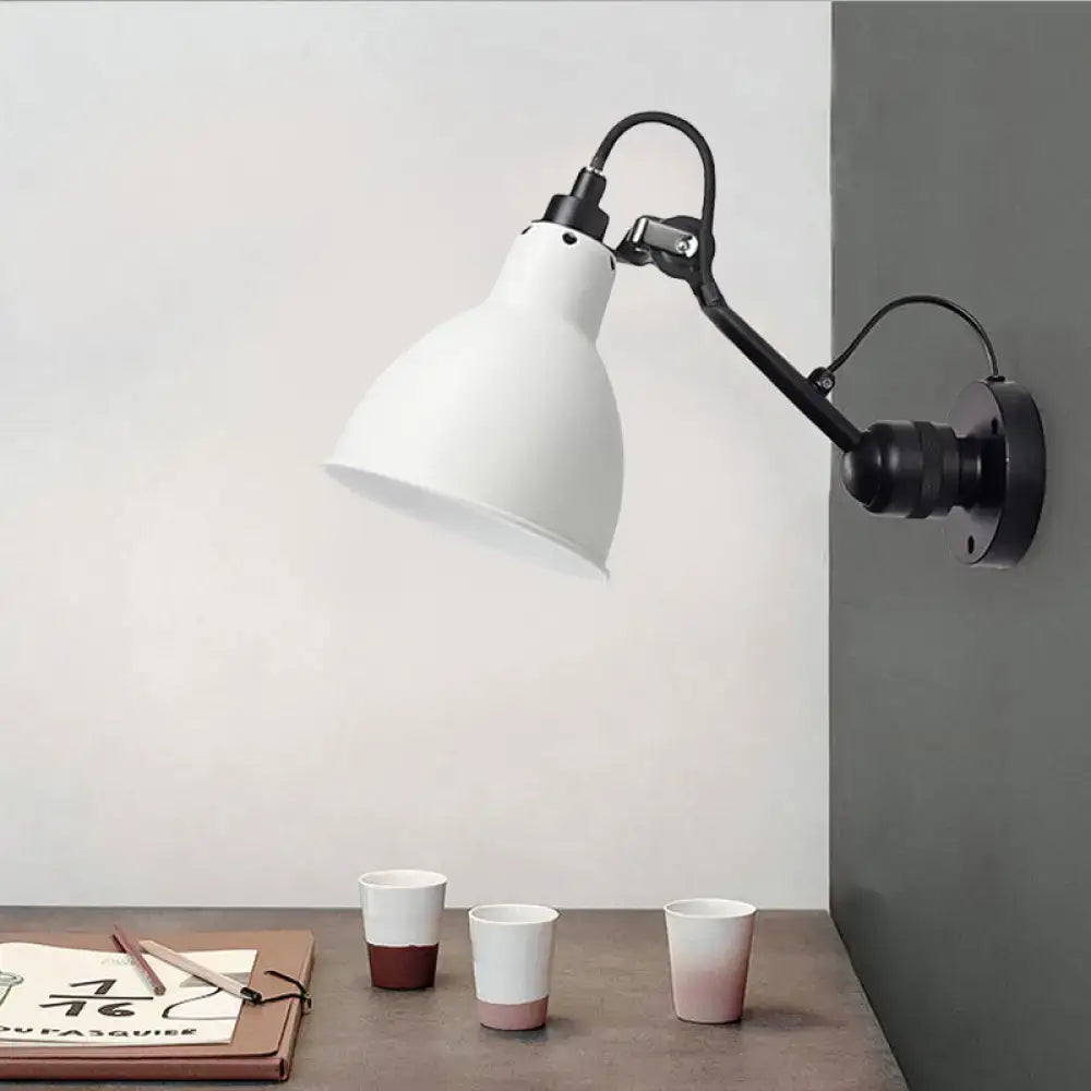 White enamel wall lamp with black articulated arm and mounting plate wall mounted lamp for living room use