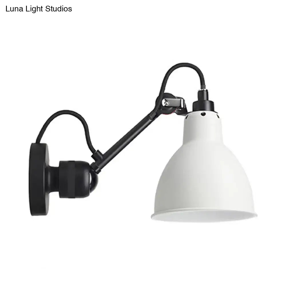 White enamel wall lamp with black articulated arm and mounting plate for living room wall mounted lamp use