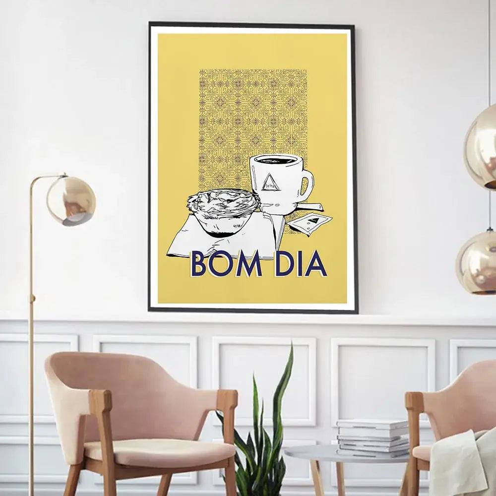 Yellow framed minimalist poster with black and white coffee cup illustration and bom dia text for decorbites coffee kitchen wall art