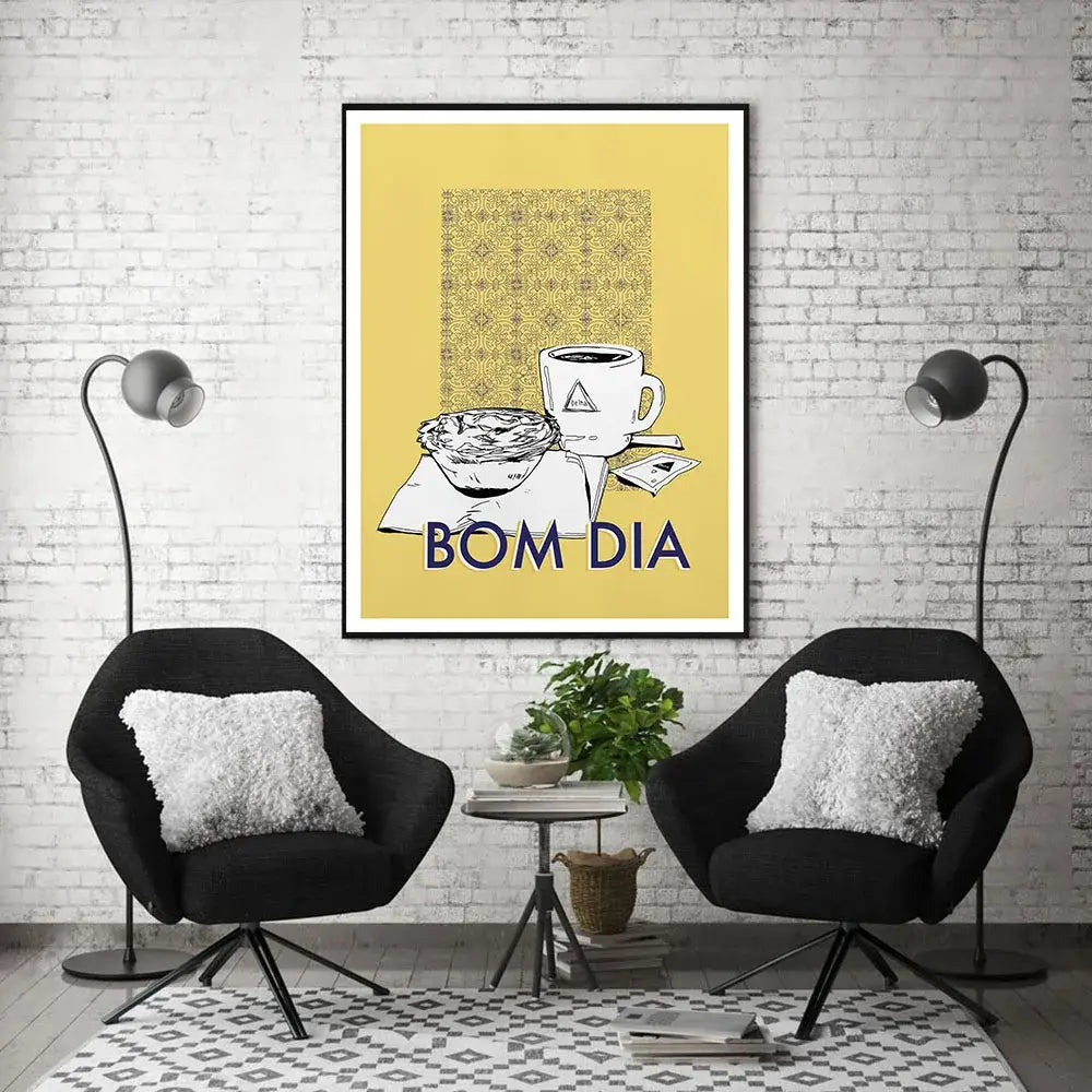 Minimalist yellow framed poster with black line art coffee cup and pastry featuring bold blue bom dia for decorbites coffee kitchen wall art