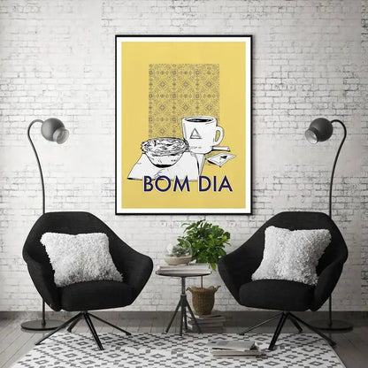 Minimalist yellow framed poster with black line art coffee cup and pastry featuring bold blue bom dia for decorbites coffee kitchen wall art