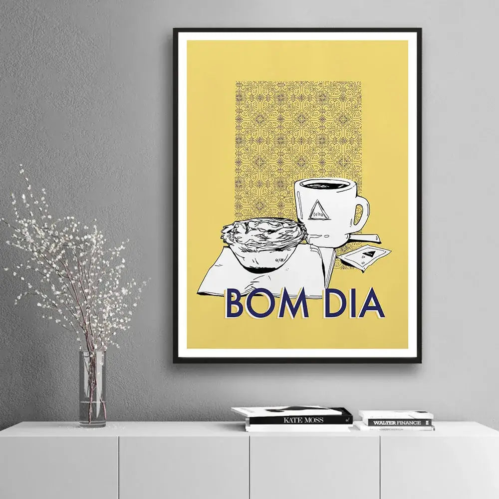 Yellow framed minimalist poster featuring black and white coffee cup illustration for decorbites coffee kitchen wall art