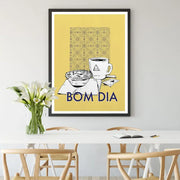 Minimalist yellow and navy decorbites coffee kitchen wall art poster with black line art coffee cup pastry and bom dia text