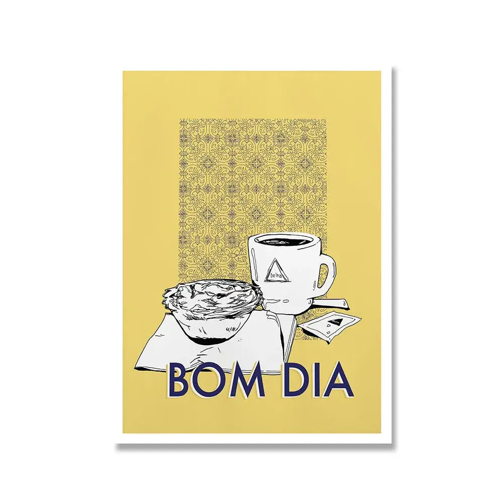 Minimalist yellow and navy poster featuring white coffee cup and pastry with bom dia text for decorbites coffee kitchen wall art