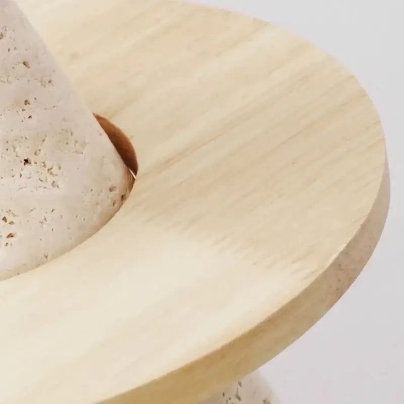 Minimalist yellow stone and wood led pendant light with light wooden base and textured off-white stone cone decorbites led wood