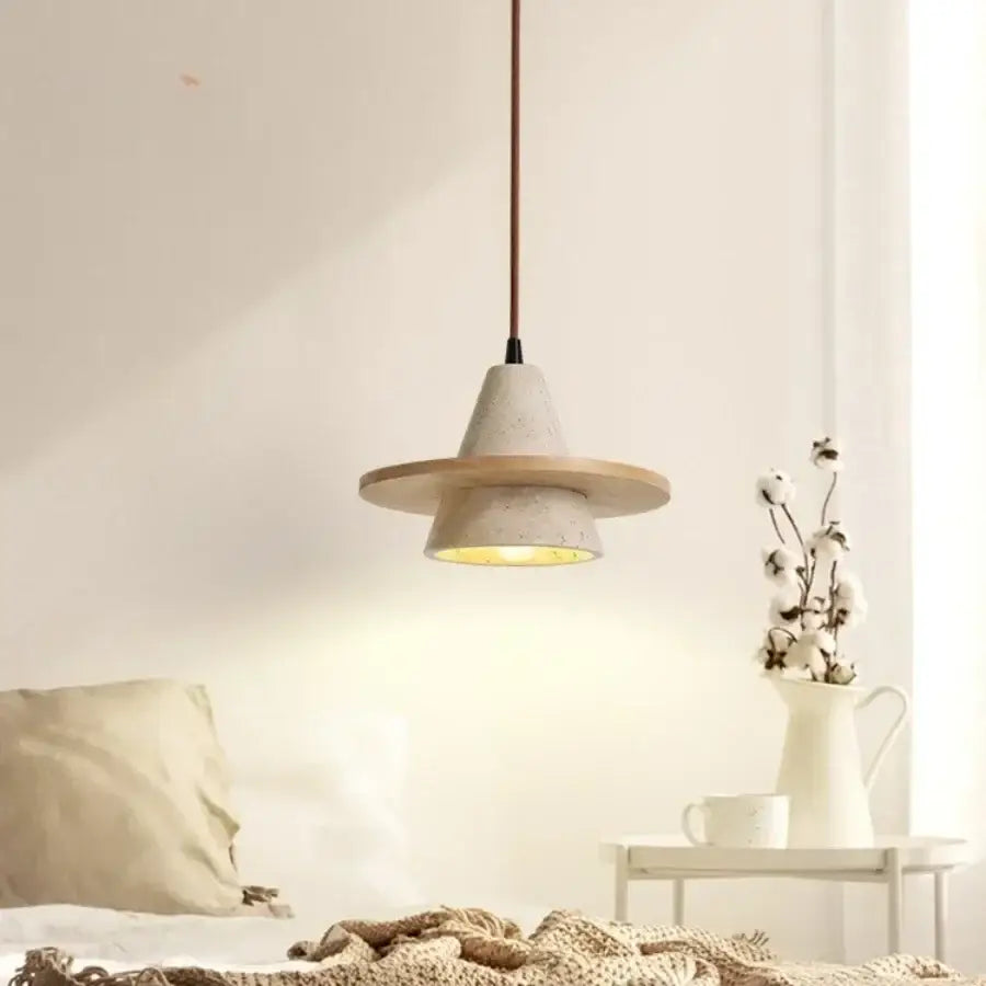 Minimalist yellow stone and wood led pendant light with concrete and wooden disc accent and copper cord for bedroom decorbites led wood pendant