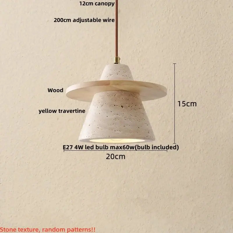 Minimalist yellow travertine stone led wood pendant light with wooden canopy and adjustable wire for bedroom decorbites led wood