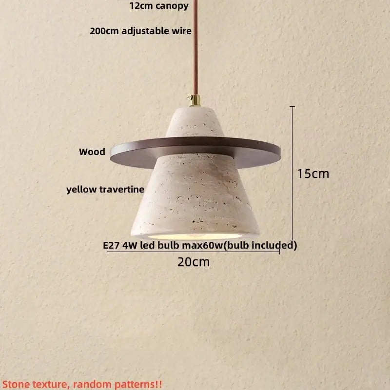 Minimalist yellow stone and wood led pendant light with textured travertine cone and dark wood canopy for bedroom decorbites led wood