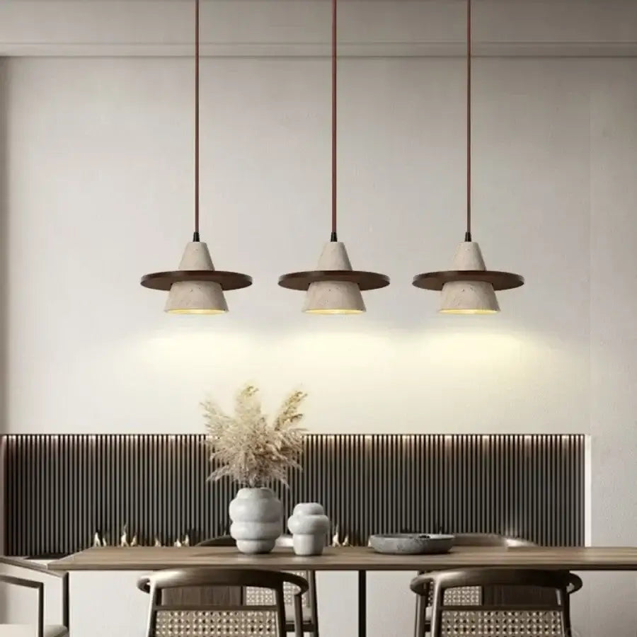 Three modern yellow stone and wood led pendant lights with concrete shades and dark wooden rims for bedroom decorbites led wood pendant