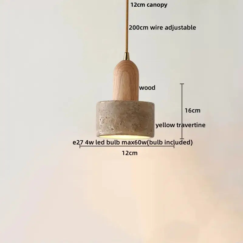 Minimalist yellow stone and wood led pendant light with a warm wooden canopy and textured travertine shade for bedroom decorbites led wood pendant
