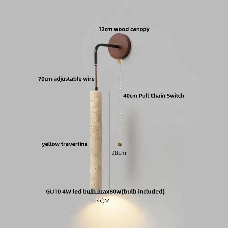 Minimalist yellow travertine wall sconce with 12cm wood canopy and 70cm adjustable led wire arm for bedroom decorbites adjustable led wall