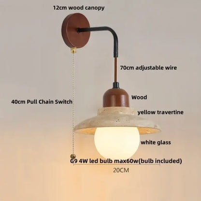 Minimalist yellow travertine adjustable led wall sconce with 12cm wood canopy and black wire arm for bedroom decorbites adjustable led