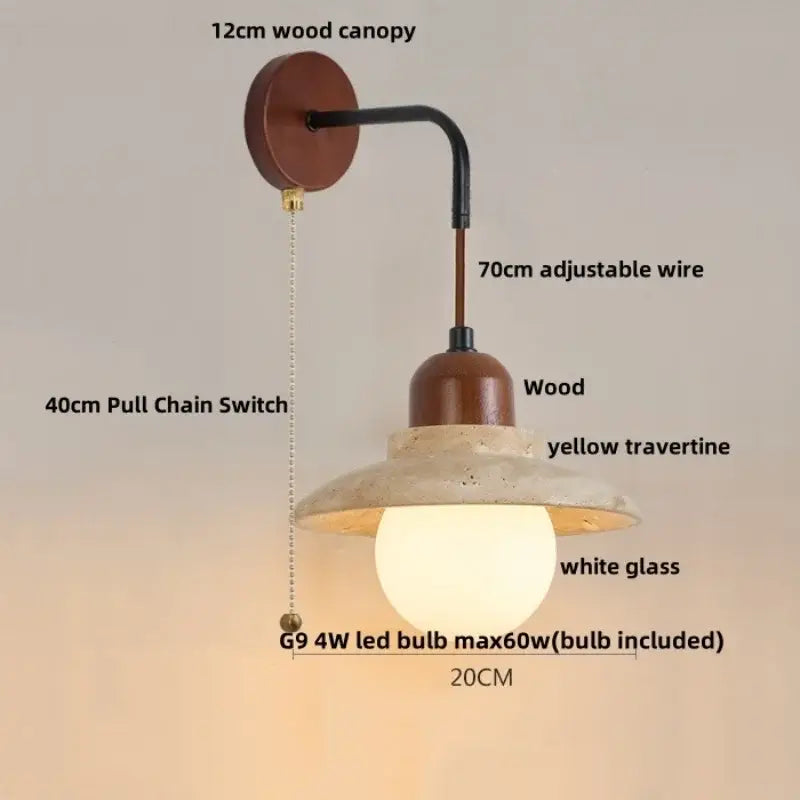 Minimalist yellow travertine adjustable led wall sconce with 12cm wood canopy and black wire arm for bedroom decorbites adjustable led